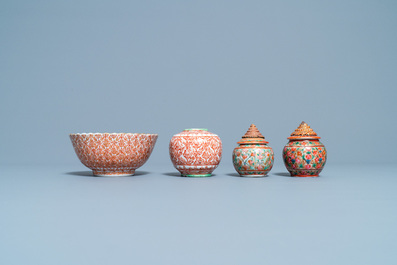Six Chinese Thai market Bencharong jars and a bowl, 19th C.