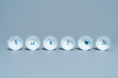 Six Chinese blue and white cups and eight saucers with horseriders, Kangxi