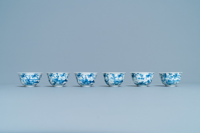 Six Chinese blue and white cups and eight saucers with horseriders, Kangxi