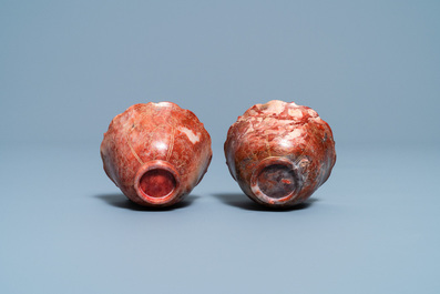 A pair of Chinese Shoushan soapstone gilt-decorated engraved cups and saucers, Kangxi
