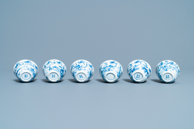 Six Chinese blue and white cups and eight saucers with horseriders, Kangxi