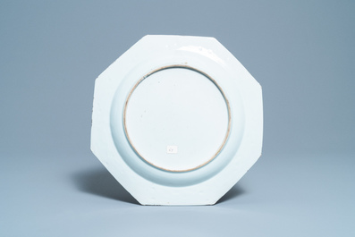 A Chinese octagonal famille rose dish and another in blue and white, Qianlong