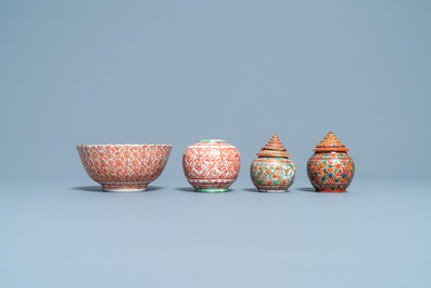 Six Chinese Thai market Bencharong jars and a bowl, 19th C.