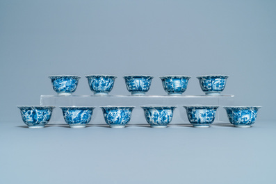 Eleven Chinese blue and white lobed cups and saucers, Kangxi
