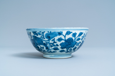 A Chinese blue and white 'Buddhist lion' bowl, Chenghua mark, Jiajing/Wanli