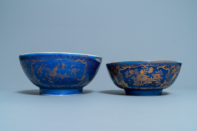Three Chinese powder blue and gilt bowls, 19th C.