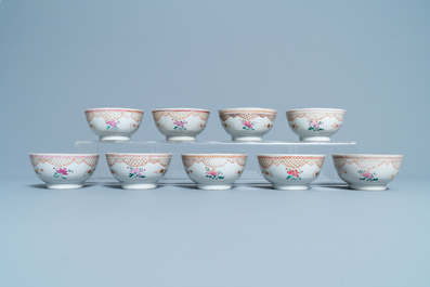Seventeen Chinese famille rose cups and nineteen saucers, Qianlong