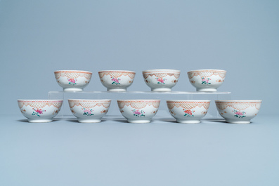 Seventeen Chinese famille rose cups and nineteen saucers, Qianlong