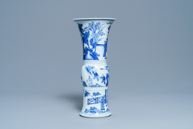 A Chinese blue and white 'gu' vase with figurative design, Kangxi