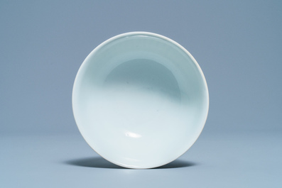 A Chinese famille rose 'boy and rooster' bowl, Qianlong mark, 19th C.