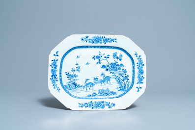 Four Chinese blue and white octagonal 'deer' dishes, Qianlong