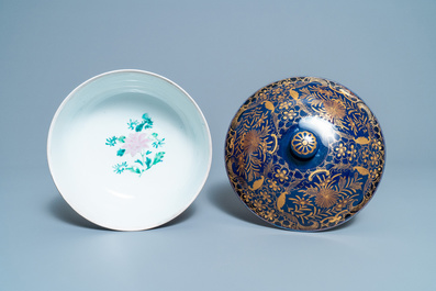 Three Chinese powder blue and gilt bowls, 19th C.