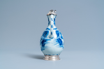 A Chinese blue and white ewer with Dutch silver mounts, Transitional period