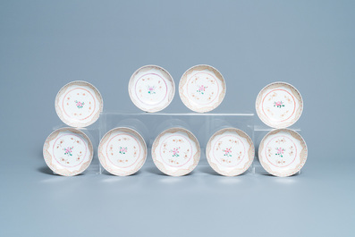 Seventeen Chinese famille rose cups and nineteen saucers, Qianlong