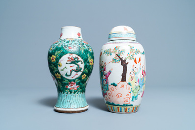 Six Chinese famille rose vases and various wooden stands and covers, 19/20th C.