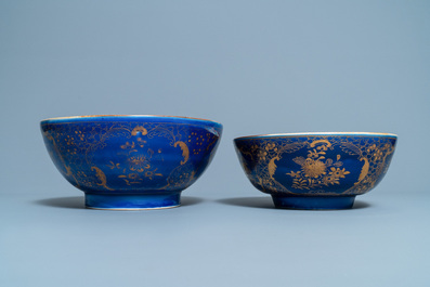 Three Chinese powder blue and gilt bowls, 19th C.