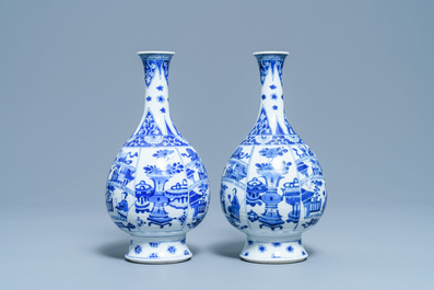 A pair of Chinese blue and white bottle vases, Kangxi