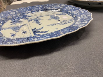 A large oval Chinese blue and white 'Romance of the Western Chamber' dish, Qianlong