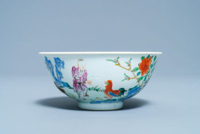 A Chinese famille rose 'boy and rooster' bowl, Qianlong mark, 19th C.