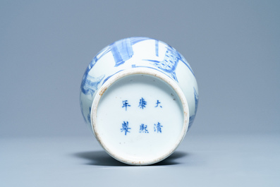 Een Chinese blauw-witte vaas met olifantenoren, Kangxi merk en periode