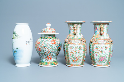 Six Chinese famille rose vases and various wooden stands and covers, 19/20th C.