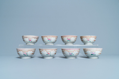 Seventeen Chinese famille rose cups and nineteen saucers, Qianlong