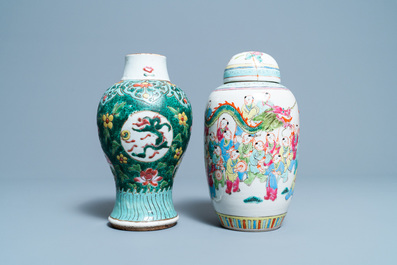 Six Chinese famille rose vases and various wooden stands and covers, 19/20th C.