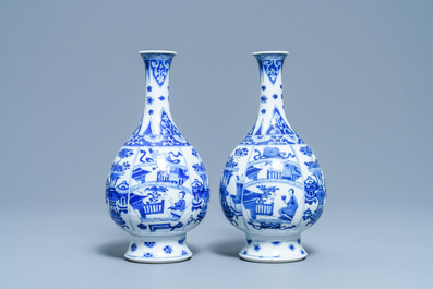 A pair of Chinese blue and white bottle vases, Kangxi