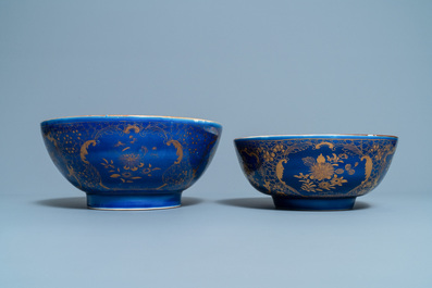 Three Chinese powder blue and gilt bowls, 19th C.