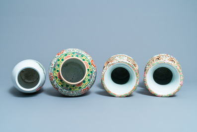 Six Chinese famille rose vases and various wooden stands and covers, 19/20th C.