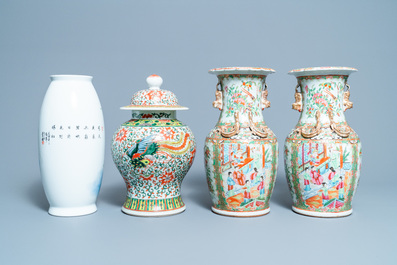 Six Chinese famille rose vases and various wooden stands and covers, 19/20th C.