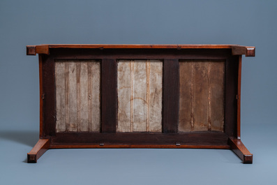 A Chinese wooden table with three qianjiang cai plaques, 19/20th C.