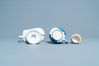 Six Chinese blue and white dishes, a teapot and a helmet-shaped jug, Kangxi and later