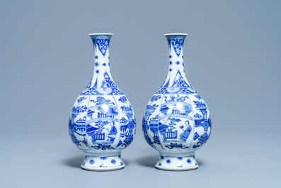 A pair of Chinese blue and white bottle vases, Kangxi