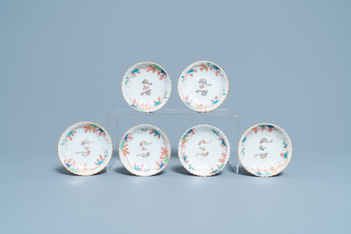 Six Chinese famille rose lotus-molded cups and saucers, Yongzheng