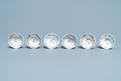 Six Chinese famille rose lotus-molded cups and saucers, Yongzheng