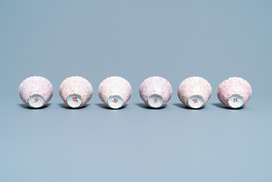 Six Chinese famille rose lotus-molded cups and saucers, Yongzheng
