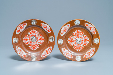 Six Chinese iron red and grisaille capucin brown-ground plates, Qianlong