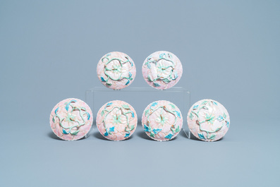 Six Chinese famille rose lotus-molded cups and saucers, Yongzheng