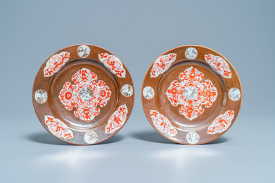 Six Chinese iron red and grisaille capucin brown-ground plates, Qianlong