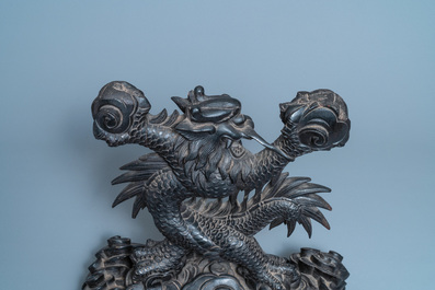 A large Chinese carved wooden 'dragon' stand for a dish or a mirror, 19th C.