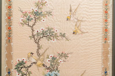 Ecole chinoise, encre et couleurs sur textile, 19/20&egrave;me: 'Canards et oiseaux'