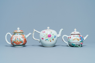 Two Chinese famille rose teapots and one Dutch-decorated teapot, Kangxi/Qianlong