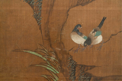 Chinese school, ink and colour on silk, 18/19th C.: 'Four birds on rockwork'