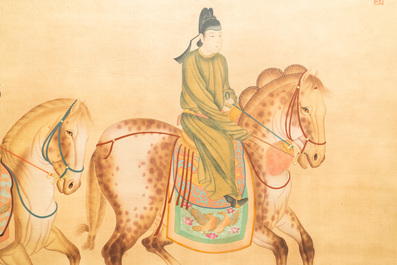 Ecole chinoise, encre et couleurs sur soie, 19/20&egrave;me: 'Trois chevaliers'