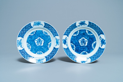 Five Chinese blue and white 'Shou' plates, Kangxi