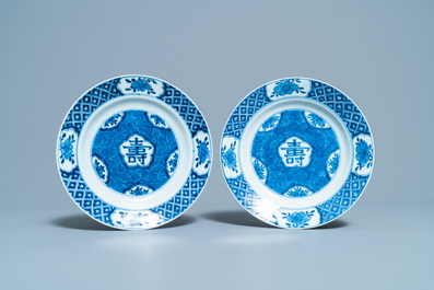 Five Chinese blue and white 'Shou' plates, Kangxi