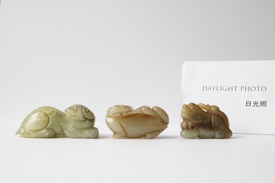 Five Chinese celadon and russet jade carvings, 19th C.