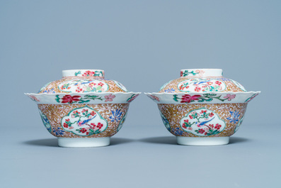 A pair of Chinese famille rose covered bowls, Yongzheng