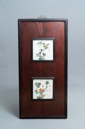 Four Chinese famille verte plaques in wooden frames, 19th C.